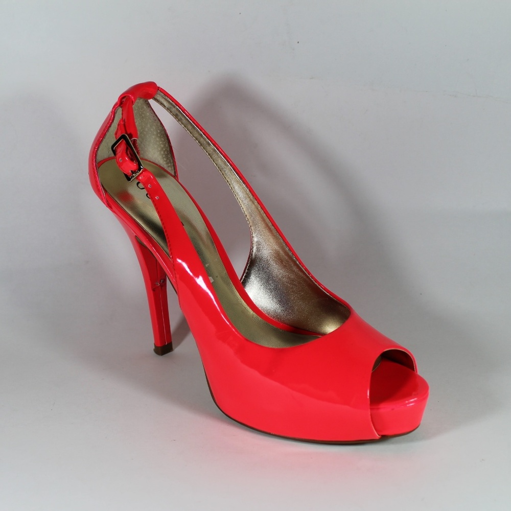 GUESS HONDO PEEP TOE NEON ORANGE HEELS PUMPS 8.5